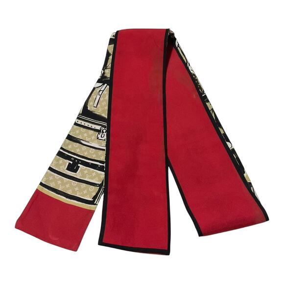 Louis Vuitton Bandeau Tribute Two Red Beige Silk Scarf W/Box - Picture 7 of 11